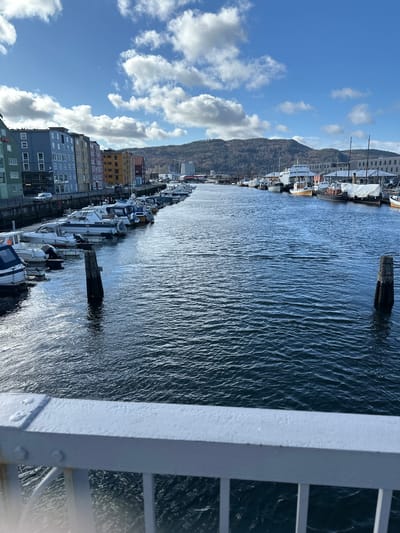 From an elevated perspective, likely a bridge, the image captures a vibrant waterfront scene in Trondheim, Norway. The view overlooks a waterway filled with a mix of sailboats and motorboats docked along the quay. Multi-story buildings painted in varied pastel colors line the waterfront. A mountain provides the backdrop, meeting the buildings and docked boats. The sky is a blue with cumulus clouds. A white painted metal railing and post is in the foreground of the image on the right-hand side, giving clues to the location.