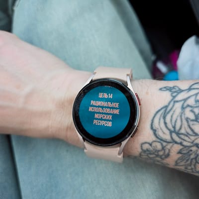 The image shows a person's left wrist with a smartwatch displaying Russian text. The text translates to "Goal 14: Rational Use of Marine Resources." The watch has a pinkish band. The person has a tattoo on their forearm. The background is a light blue textured fabric, likely clothing. The image does not provide any location information related to Неманіцкі сельскі Савет, Belarus.