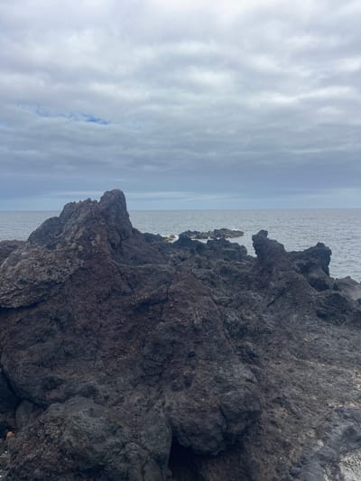 The image depicts a rocky coastal landscape in Lagoa (Nossa Senhora do Rosário), Portugal. The foreground is dominated by a large, dark volcanic rock formation. The Atlantic Ocean extends toward the horizon, and a cloudy sky covers the upper portion of the image. There are no people visible.