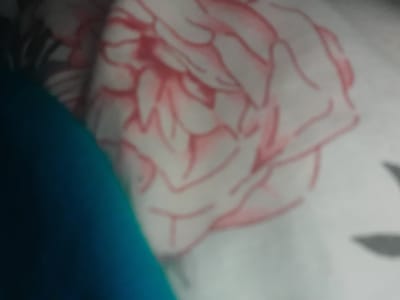 The image displays a close-up view of a patterned fabric. The pattern features abstract, pinkish-red floral designs against a white background. A portion of a solid, teal-colored fabric is visible on the left side of the image, partially obscuring the patterned fabric. The image is blurry and lacks clear details, making it difficult to ascertain the specific type of fabric or the exact nature of the pattern. There are no discernible people, actions, or interactions. The provided information about the location in Liubakhy, Ukraine, is not visually verifiable from the image itself.