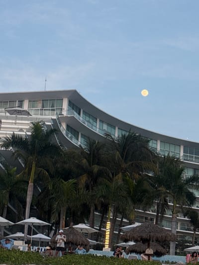 A tall, curved, modern building dominates the scene, with rows of windows and a gray exterior. Palm trees line the side of the building and extend towards the foreground. In the upper left corner of the sky, a bright, full moon is visible. Below, a pool area is visible, populated with umbrellas and tiki huts. People are relaxing and enjoying the poolside amenities.