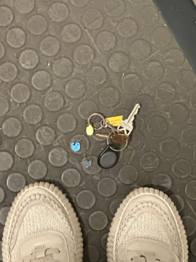A set of keys, a black oval fob, and two small animal-shaped charms are lying on a textured black floor. The keys include a silver car key and a brass key. One charm is blue and bird-shaped, and the other is gray and possibly chicken-shaped. A yellow tag is attached to the keyring. The floor appears to be a rubber mat with raised circular patterns, commonly found in commercial or industrial settings. Two light-colored sneakers are visible at the bottom of the image, suggesting someone is standing near the keys. The image was captured from a high-angle perspective, looking down at the objects on the floor. This scene is located in Lynnwood, United States.