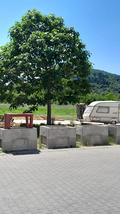 The image depicts an outdoor scene, possibly a storage or recreational area, under a clear blue sky. In the foreground, a patterned gray pavement runs horizontally. To the right of the pavement, there are several large, hollow concrete blocks arranged in a row. In front of the concrete blocks, a small, reddish-brown, table-like wooden structure is placed on top of the leftmost concrete block.
Further into the scene, a large tree with dense green foliage stands prominently. Behind the tree and to the right, a white caravan or recreational vehicle is parked. Next to the caravan, a stack of wooden pallets is visible. The background features a lush green field and a densely forested hillside under the bright sunlight. The overall impression is of a rural or semi-rural environment. The image is a photograph taken during the daytime, with the sun casting shadows. There are no people visible in the frame. The location is identified as being in Leshnitsa, Bulgaria.