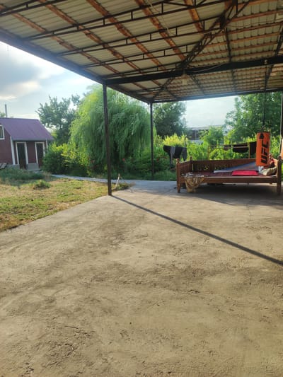 An outdoor scene under a metal and corrugated roof structure, possibly a carport or patio. The ground is concrete, with a visible shadow from the roof and a support post. To the left, a small, maroon building with a dark roof stands amidst dry grass and some debris. In the background, lush green trees, including a large weeping willow, are visible. A wooden daybed or bench, adorned with decorative carvings and covered with textiles and cushions, is positioned under the shelter. An orange UFC punching bag hangs from the roof structure above the daybed. There are no people visible in the image. The setting appears to be rural or semi-rural, possibly in the city of Mingchinar (Blagoveshchensky), Uzbekistan.