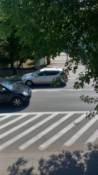 A sunny daytime scene on a street in Góra Kalwaria, Poland. Two cars are visible: a black SUV in the foreground, partially obscured by foliage, and a silver station wagon in the background, driving away from the viewer. The station wagon has its brake lights illuminated, suggesting it is slowing down or stopped. Both cars are on a paved road with white lane markings and diagonal white stripes indicating a pedestrian crossing. In the background, a black metal gate and a building with white columns are visible. The scene is framed by the dark green leaves of a tree in the foreground, casting shadows on the street and a brick sidewalk below.
