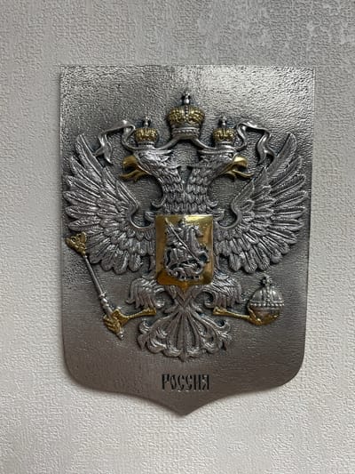 The image shows a metallic relief of the coat of arms of Russia, displayed on a textured wall. The coat of arms features a double-headed eagle with golden beaks and eyes, wearing two golden crowns, and holding a scepter and an orb. The eagle's chest bears a shield with a knight on horseback. Below the eagle, the word "РОССИЯ" (Russia) is inscribed in Cyrillic letters. The background wall appears to be painted with a light-colored, textured finish. The overall impression is of a formal and symbolic display. The location is in the city of Solnechnyi, Russia.