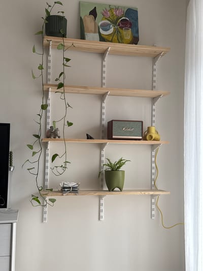 The image shows a wall-mounted shelving unit with four vertical supports made of light-colored wood. The shelves are formed by horizontal metal tracks with slots, attached to the wall. The shelves hold various items: an abstract painting, a dark green ridged planter, a yellow vintage camera, a Marshall speaker, a green watering can with a plant inside, a small gray elephant figurine, and a bundle of objects wrapped in clear plastic. A long, trailing plant is draped across the lowest shelf, with vines extending downwards. Below the shelving unit, the top of a black television and a toy lightsaber are visible. The wall is plain and painted a neutral color. A yellow electrical cord runs along the top of the shelf unit.