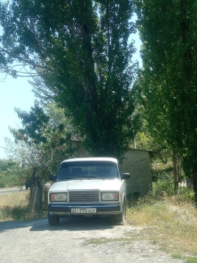 The image shows a white sedan parked on a gravel road. The car has a license plate that reads "03 775 ACP KG". In the background, there are tall trees with green leaves and a small, light-colored building. The sky is clear and blue. The environment appears to be rural, possibly on the outskirts of the city of Kara-Bulak, Kyrgyzstan, suggested by the license plate. There are no people visible in the image. The car is the primary subject, positioned centrally in the lower half of the frame, with the natural surroundings dominating the upper and background areas. The overall lighting indicates it is daytime.