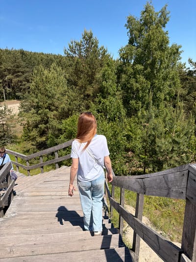 In Morskoye, Russia, a woman with auburn hair walks down a wooden staircase, her back to the camera. She wears a white t-shirt and light blue jeans. To her left and slightly ahead, another person in a blue and white checkered shirt descends the stairs. The staircase is set against a backdrop of dense green coniferous and deciduous trees under a clear blue sky. The wooden structure shows signs of weathering.
