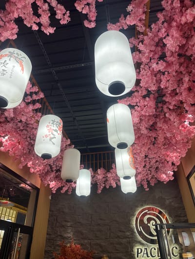 The image depicts the interior of an establishment, likely a restaurant named "Pacific," located in Clamart, France. The ceiling is black with visible metal beams, heavily adorned with a dense canopy of artificial pink cherry blossoms. Numerous white cylindrical lanterns hang at various lengths, some plain, others decorated with Japanese characters and floral designs in black and red.
A dark grey, textured stone wall is visible on the right, featuring a prominent, illuminated sign. This sign displays a glowing red circular emblem, likely containing a stylized 'P', above the partially visible, illuminated text "PACIFIC." To the left, a smooth, light brown vertical panel is present, with a small white security camera mounted near its top. Below the "PACIFIC" sign, a collection of reddish-orange artificial foliage is visible in the lower foreground. On the far left, beyond an opening, an interior space with a colorful, patterned umbrella and wooden latticework is partially discernible. No individuals are present in the frame.