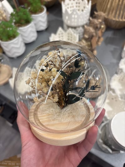 A close-up, overhead shot shows a hand holding a glass sphere containing dried flowers and greenery. The sphere is resting on a wooden base. In the background, a blurred assortment of decorative items, including woven baskets and white ceramic pots with plants, is visible. The scene appears to be a retail setting, possibly a gift shop or home decor store, given the display of various products. The lighting suggests an indoor environment, with no indication of the time of day or weather. The focus is on the delicate dried floral arrangement within the glass orb, highlighting its natural textures and earthy tones.