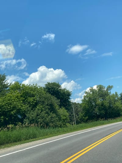 The image depicts a road with double yellow lines and a white line on the right side, bordered by a grassy shoulder and a dense line of green trees. The sky above is a clear blue with scattered white clouds. A utility pole is visible in the background among the trees. The scene is likely captured from a moving vehicle, suggesting a journey through a rural or semi-rural area. The image does not contain any people or specific structures that would pinpoint a precise location within Saint-André-Avellin, Canada, but it evokes a typical roadside landscape found in the region during daytime.