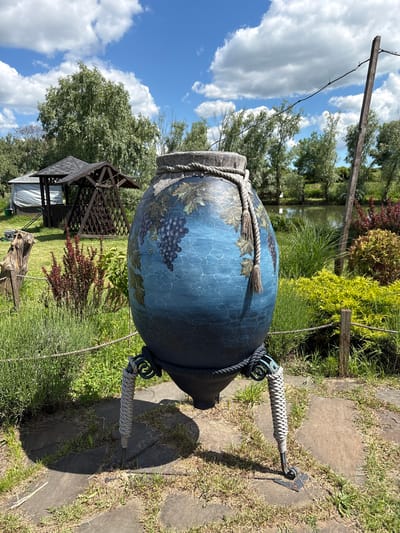 This image captures a vibrant garden scene, centered around a large, ornamental, blue amphora-like pot. The pot is decorated with painted grapevines and bunches of dark purple grapes, featuring a distressed, crackle-paint finish. A thick, braided rope with a tassel is draped over its neck, and additional ropes are wrapped around its metal handles, which are themselves coiled with a lighter, woven rope. The pot stands on a dark metal base with two curved, rope-wrapped supports.
The setting is an outdoor garden. The foreground features patchy grass and stepping stones on the right. In the midground, there's a lush variety of plants and bushes, including some with reddish-purple foliage and bright green specimens. A dark wooden gazebo or pergola structure is visible on the left side, and a small body of water, possibly a pond or lake, can be seen further back, reflecting the sky. The background is dominated by large green trees and a bright blue sky with scattered white clouds. A wooden post with a thin wire attached is also visible.
The scene is devoid of people, presenting a tranquil and decorative landscape. The clear sky and distinct shadows indicate a bright, sunny day, likely mid-day. There is no visible text in the image. The user-provided context specifies the location as Gay-Kodzor, Russia, although no specific visual cues within the image confirm this.
