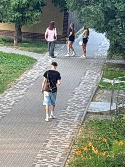 The image shows a paved walkway with a patterned tile design. There are four people visible on the walkway. In the foreground, a person wearing a black t-shirt and light blue shorts walks away from the camera. To their left, a person in a pink collared shirt and dark pants is also walking away. Further up the walkway, two people are walking towards the camera. One person is wearing a black top and shorts, and the other person is wearing a dark top and shorts.
The walkway is bordered by green grass and some foliage, including orange flowers on the right side. In the background, there is a glimpse of a building and a metal railing. The scene appears to be outdoors during the day, with ample light suggesting it's not early morning or late evening. The overall mood seems casual, with people strolling along the path. The location is identified as Pereiaslav, Ukraine. There is no visible text in the image.