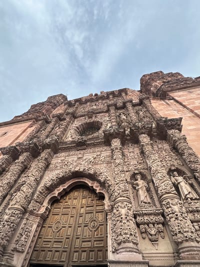 The image shows a low-angle, wide shot of the intricately carved facade of the Zacatecas Cathedral in Zacatecas City, Mexico. The cathedral, constructed of pinkish-red stone, features a highly ornate Baroque style, with detailed sculptures, columns, and decorative motifs covering the entire surface of the visible entrance. Two statues of figures in robes are visible within niches on either side of the main arched entryway, which is filled with a large, multi-paneled wooden door. Above the door, the stonework continues with a dense array of relief carvings. The sky above is overcast with scattered clouds. The perspective emphasizes the grandeur and overwhelming detail of the architecture.