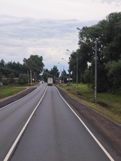 The image depicts a road leading into the settlement of Podvyaznovo, Russia. The road is asphalt with a white lane marker. A white truck is traveling ahead on the road. Several streetlights are visible along the side of the road, some with black and white striped bases. Trees line the right side of the road. The sky is overcast.