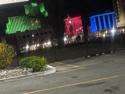 The image depicts an urban night scene in Reno, Nevada, United States, focusing on a street-level view of casino-hotel buildings. In the immediate foreground, an asphalt parking lot surface is visible, marked with yellow painted lines, including a continuous line and several diagonal chevron stripes. A concrete curb separates the parking lot from a landscaped median containing grey and white decorative rocks, a vibrant green, densely packed shrub, and a larger shrub or small tree with lighter green or yellow foliage on the far left.

A dark, vertical-bar metal fence runs across the mid-ground, acting as a barrier between the foreground area and the buildings beyond. Behind this fence, several black parking stops are discernible on the asphalt.

The background is dominated by three distinct, multi-story casino-hotel buildings brightly illuminated against a dark night sky. From left to right:
1.  The Silver Legacy Resort Casino, a tall building, is prominently illuminated with numerous vertical green LED strips along its facade. A less illuminated, multi-story structure is situated beneath and in front of its main tower.
2.  The Eldorado Resort Casino, located centrally, features numerous horizontal red LED strips across its facade, with a distinctive architectural element visible centrally.
3.  The Circus Circus Hotel Reno, on the right, is illuminated with vertical blue LED strips along its main columns and a horizontal blue light strip at its uppermost section.

Dark silhouettes of trees are positioned between and in front of the illuminated buildings. Bright light sources within the scene create lens flares and reflections on the asphalt surface. No individuals or vehicles are visible in the captured scene, which appears static.