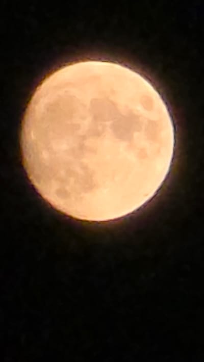 A full moon is visible against a black night sky. The moon is illuminated and displays a textured surface with craters and darker regions, suggesting a natural celestial body. The image is focused on the moon, with the surrounding sky appearing dark and indistinct. There is no indication of any city or specific location within the image.