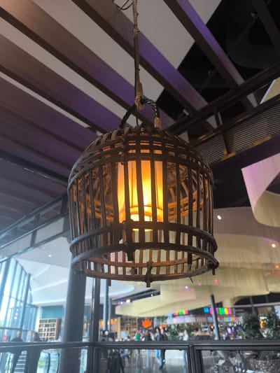 The central subject of the image is a decorative, cylindrical lantern crafted from dark bamboo or wicker, hanging from the ceiling. It features a slatted design, with a warm, orange-toned light bulb glowing brightly inside. The lantern is suspended by a twisted rope-like cord.
Above and around the lantern, the ceiling displays a modern architectural design with parallel beams or slats, some appearing dark brown and others with a subtle purple hue. Further back, metallic structural elements and dark ceiling panels are visible. The background is softly blurred, revealing a spacious and contemporary indoor setting, likely a commercial establishment such as a shopping mall or large dining area, consistent with locations found in Leidschendam, Netherlands.
On the left side, a large glass facade allows for ambient light, showing parts of a modern building interior or exterior and blurred figures of people moving about. A multi-level layout is suggested by the architecture. On the right, other decorative elements include curved, layered ceiling installations in light colors and a distant section with brightly colored, rectangular lights, possibly from a store or food stall.
Various people are visible throughout the blurred background, suggesting activity typical of a public space like socializing, dining, or shopping. No specific event is clearly identifiable, but the overall impression is one of general public movement. A dark railing or barrier partially frames the lower foreground.
The blend of artificial warmth from the lantern and the ambient light from the glass facade makes the precise time of day ambiguous, though the prominent lighting suggests a focus on creating ambiance, potentially indicating evening or a continuously lit indoor environment. No legible text is visible within the image.