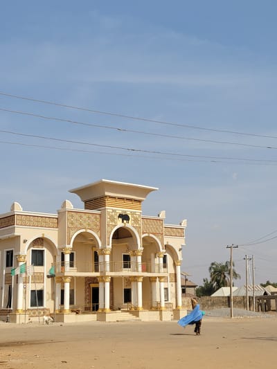 The image depicts a prominent, multi-story building, identified by text as "AREN EGGON'S PALACE," situated in Nassarawa Egon, Nigeria. The palace features a light cream-colored facade extensively decorated with gold-colored trim, intricate patterns, numerous columns with gold capitals, and multiple arches. A central black elephant emblem is displayed above the main entrance arches on the upper floor, below a distinctive tiered roofline. Two Nigerian national flags are visible on poles near the left side of the building.

The foreground consists of an unpaved, light brown dirt or sandy surface. In the mid-ground, a lone individual wearing dark clothing and a flowing blue garment walks from left to right across this unpaved area. Two white sheep stand near the base of the palace building on the left. The sky above is clear and light blue, traversed by several overhead utility lines. To the right of the palace, two wooden utility poles stand, with additional wires visible. In the background on the right, other structures with corrugated metal roofs, a concrete wall, a pile of gravel, and a palm tree are discernible.
