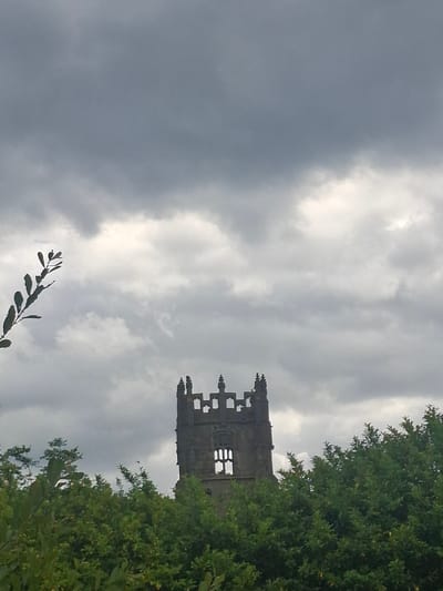 A stone church tower, partially obscured by lush green foliage, rises against a heavily overcast sky in Richmond, United Kingdom. The tower, built of weathered stone, features Gothic architectural elements, including arched openings and battlements. The sky is dominated by dark, dramatic clouds, suggesting impending rain or a storm. In the foreground, the dense green leaves of trees and bushes create a natural barrier, framing the historic structure. A single branch with sparse leaves extends from the left side of the frame, adding a touch of delicate detail to the otherwise imposing scene. The overall atmosphere is one of subdued grandeur and natural dominance.