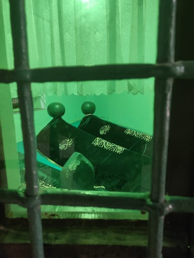 The image, taken through a metal grate, shows an interior scene illuminated by green light. In the foreground, a dark metal grate with vertical and horizontal bars obstructs the view. Behind the grate, two sarcophagi are visible, draped in dark green velvet cloth. Each sarcophagus is topped with a dark green, spherical ornament. Arabic calligraphy is embroidered in white on the velvet covering of the sarcophagi. In front of the sarcophagi, a faceted, light green object, possibly a tombstone or a decorative element, is situated. The background features a light green curtain with a subtle, repeating pattern. The overall impression is that of a tomb or a memorial site within a building, likely in Osmangazi, Turkey.
