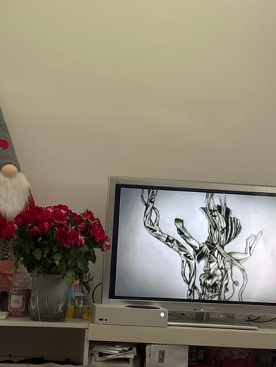 A framed digital artwork is displayed on a wall, featuring a monochrome drawing of a semi-abstract figure intertwined with flowing ribbons. The figure appears to be made of limbs and drapery, with some of the ribbons adorned with inscribed symbols that resemble runes. To the right of the artwork is a white vertical electronic device, possibly a gaming console, with a power button illuminated. Below the artwork and to the right, a bouquet of small red roses is prominently displayed. Next to the roses, on a shelf unit, are various objects including what appears to be a decorative stone, perfume bottles, and some packaged items. Partially visible at the bottom is a gnome figurine with a grey hat and a white beard. The scene appears to be indoors, with a plain, neutral-colored wall dominating the left side of the image. The lighting suggests daytime, but there are no external windows visible.