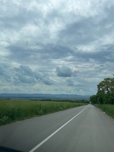 The image depicts a rural road in Makariopolsko, Bulgaria. The road is asphalt, with a solid white line marking the edge. To the right, a grassy verge with wildflowers leads to a field. Beyond the field are hills. The sky is overcast with grey clouds. Trees line the road in the upper right.