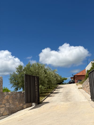 A sunlit outdoor scene unfolds, capturing a paved pathway bordered by lush greenery and stone walls in Bratešići, Montenegro. A vast, clear blue sky dominates the upper portion of the frame, dotted with large, fluffy white cumulus clouds.
The pathway, light-colored and likely concrete or gravel, extends diagonally from the foreground into the distance. On its left, a rustic stone wall rises, partially obscuring the lower sections of abundant green trees, possibly olive groves, that line the property. A dark metal gate, featuring decorative scrollwork on its upper panel, is positioned in the lower left, adjacent to the stone wall, suggesting an entrance. Long, distinct shadows of the trees are cast across the sun-drenched pathway, indicating a midday to early afternoon time.
In the background on the right, the warm terracotta-tiled roof of a building is visible, hinting at local architectural style. A dark-colored car is parked near this structure. Thin wires can be seen stretched across the bright sky near the building. The scene is devoid of people or explicit activity, presenting a tranquil and well-lit landscape under a brilliant blue sky, characteristic of a sunny day in the region. There is no visible text.