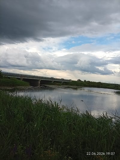 The image depicts a wide-angle view of a body of water in the city of Sarytogay, Kazakhstan. In the foreground, tall green grass lines the bank of the river, with a few purple flowers visible. The water reflects the dramatic, cloudy sky above, which features dark storm clouds on the left and brighter, cumulus clouds on the right. A concrete bridge spans the river in the middle ground, with a road on top. The far bank of the river is covered in green vegetation. The overall atmosphere is moody and overcast, suggesting the possibility of rain. The timestamp "22.06.2026 19:07" is visible in the bottom right corner. There are no people or animals visible in the image.