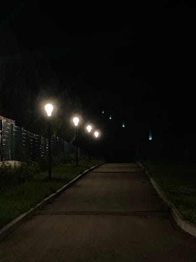 A paved pathway curves through a dark, grassy area at night. Several streetlights line the left side of the pathway, illuminating it with a warm glow. These lights are spaced out and appear to be mounted on poles. To the left of the pathway, a green fence runs alongside the path, with a dark, textured surface behind it, possibly a wall. Further along the pathway, in the distance, are several other lights. These appear to be bluish-green and are vertically oriented, resembling glowing pillars or flames. The sky above is completely black, indicating the late hour or possibly cloud cover. The overall scene is one of an empty, illuminated pathway in a park or along a street at night in Pokhvistnevo, Russia.