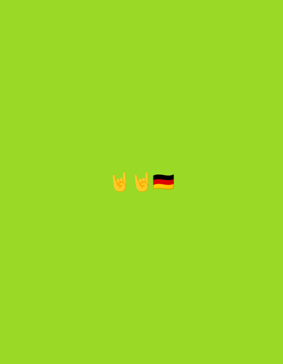 The image displays a solid lime green background. Centered horizontally in the lower middle section of the frame are three digital emojis. From left to right, these include two instances of a hand making the "sign of the horns" gesture, followed by a waving flag representing Germany, depicted with horizontal stripes of black, red, and gold. No discernible physical location, environment, people, or interactions are present in the image. The requested information regarding the city of Neunkirchen, Germany, is not visually supported by the provided content.