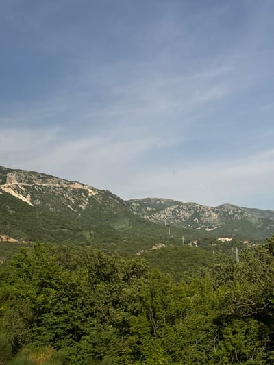 A landscape view shows a mountain range extending vertically. The left portion of the image showcases a blue sky with subtle wisps of clouds. Moving towards the right, the terrain transitions to a series of rocky mountains, interspersed with green vegetation. On the right edge, dense, green foliage predominates. The scene could be located near Markovići, Montenegro. There are no indications of people or human activity, aside from some buildings and power lines visible in the upper-right mountain region.