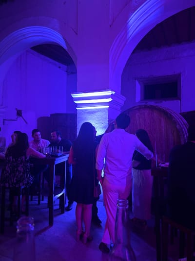 This image depicts an indoor social gathering, likely within a converted cellar or historical building, illuminated by strong blue-purple ambient light. The location is identified as Parras de la Fuente, Mexico. Approximately ten individuals are present, engaging in social interactions.

Architecturally, the space features white-painted walls with prominent arches and a central pillar adorned with a horizontal white LED light strip. In the background, two large wooden barrels are visible. On the left side of the scene, four people are grouped around a high-top wooden table; a woman in a patterned dress, a man in a light shirt, and a bearded man in a dark shirt are distinguishable, with drinks placed on the table. In the center-right, a man in a light-colored shirt and pants stands with his back to the viewer, his right arm around a woman in a dark dress. Another individual is partially obscured behind them. A blurry glass bottle is positioned in the immediate foreground. A small, dark rectangular opening is present in the upper right wall, and exposed electrical wiring is visible on the upper left wall. The overall ambiance suggests an evening social event in a rustic or winery-style setting.