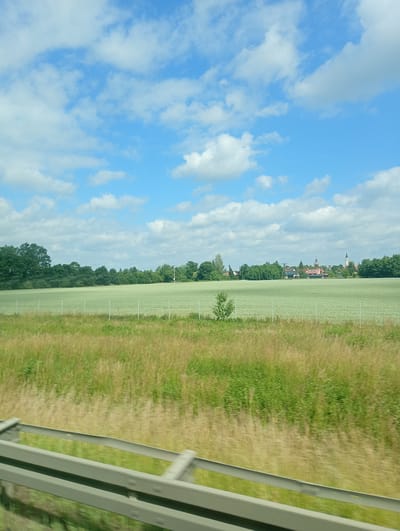 The image depicts a rural landscape under a bright blue sky with scattered white clouds. In the foreground, a blurred metallic guardrail suggests the viewer is in a vehicle. Beyond the guardrail, a field of tall, dry grass transitions into a manicured, light green field, possibly crops, separated by a thin fence line. A small, solitary tree stands in the middle of the green field. In the background, a dense line of green trees forms a natural barrier, behind which a cluster of buildings, including houses with red roofs and a church steeple, is visible, indicating a nearby settlement. The overall impression is one of a serene countryside scene, likely on the outskirts of Kąty Wrocławskie, Poland.