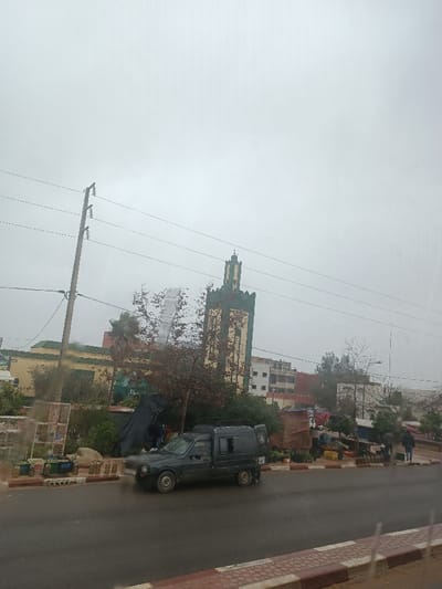 The scene depicts a street view in Oued Jdida, Morocco, under an overcast, light grey sky. The wet asphalt road, indicative of rain or recent precipitation, occupies the lower foreground. A patterned sidewalk with red and brown tiles runs along the right side of the road.
A dark grey, two-door commercial van, resembling a Citroën C15, is positioned on the road, facing left. It features a roof rack. To the left of the road, a tall utility pole with multiple horizontal power lines extends upwards and across the frame.
In the midground, a prominent mosque minaret with alternating green and light yellow/beige horizontal bands stands centrally, its apex featuring a finial. Various trees with sparse foliage are interspersed around the minaret and along the street. Directly behind the utility pole and to the left of the minaret, a building with green trim and beige walls displays discernible Arabic script.
Along the right side of the street, multiple informal market stalls are set up, covered with dark tarpaulins (black and brown). These stalls display merchandise including potted plants and crates of produce, such as oranges. Several individuals are present: one partially obscured behind a dark tarp on the left, and three others on the right sidewalk near the stalls. One individual appears to be walking right, while two others stand facing left. Cages, possibly for birds or small animals, are visible on the left sidewalk near the road. Behind the market stalls, multi-story residential buildings are visible.