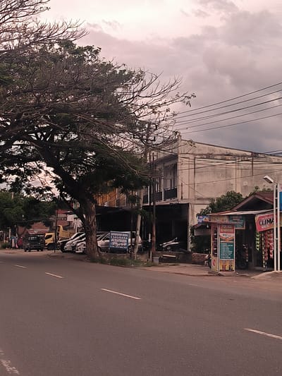 The image depicts a quiet street scene in Ujong Duabelas, Indonesia, under an overcast sky, suggesting either a very cloudy day or late afternoon. A large, sprawling tree with both leafy and bare branches dominates the left side, casting shade over the road and parked vehicles.
The foreground features an asphalt road with white dashed lane markings. Along the left side of the road, several vehicles are parked, including a dark pickup truck, a yellow dump truck, and multiple sedans, some appearing to be new or used cars. A blue sign reads "SHOWROOM MOBIL 5 SAUDARA" (Car Showroom 5 Brothers/Siblings), with a car logo and contact details, confirming the presence of a car dealership or used car lot.
On the right side, the street is lined with commercial buildings and smaller stalls. A prominent two-story building with a weathered, light-colored facade and a second-floor balcony stands further back. In front of it, closer to the road, are smaller, single-story structures. Numerous power lines crisscross the upper right portion of the image, connected to utility poles.
A vertical banner advertisement is visible near one of the stalls, displaying "PUM MINI PERTALITE" (Mini Pertalite Fuel) and "BSI," along with a list of services or products on a green background. Above it, a smaller red sign reads "ES KRIM" (Ice Cream). Further to the right, a red banner partially visible says "G_LIMA," likely an advertisement for a shop selling snacks or goods, which are displayed beneath it. One person appears to be seated near the "PUM MINI PERTALITE" stall.
The overall mood is calm and subdued, with no apparent hurried activity.