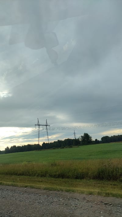 A telephoto shot captures a wide, rural landscape under a cloudy sky. In the mid-ground, two sets of tall, metallic power line towers stand against a backdrop of dense, dark green trees. The towers are connected by thick black wires, which stretch across the frame. In front of the trees is a bright green, rectangular field. The foreground is a rough, grey gravel road, with a strip of overgrown grass and weeds separating it from the field. The sky is heavily overcast with grey clouds, but there are patches of lighter sky near the horizon, suggesting it might be dawn or dusk. A faint reflection, possibly from a car window, is visible at the top of the image.