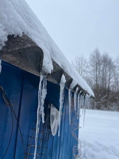The image presents a low-angle, close-up perspective of a blue-painted wooden structure, presumably a small building or shed, located in a snow-covered environment within Карабоўскі сельскі Савет, Belarus. The roof's eaves, constructed from a dark gray, possibly corrugated material, are heavily blanketed with thick white snow. Numerous transparent icicles, varying in length and thickness, hang perpendicularly from the snow-laden edge of the roof. The structure's facade consists of vertically oriented blue wooden planks. Attached to the left side of the blue facade is a dark, possibly metallic, grid-like frame, and several dark cables or ropes are visible hanging downwards. To the right, a partial view of a white, circular or semi-circular object is discernible, along with a coiled light-colored rope hanging against the wall. The background features an expanse of undisturbed white snow on the ground, leading to a blurred line of bare deciduous trees under a uniformly light gray, overcast sky. No individuals are present in the scene.