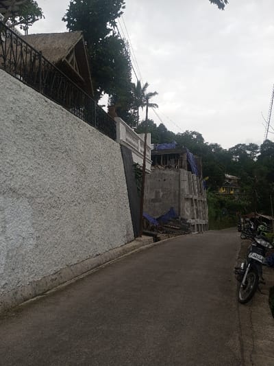 The scene, set in Bhupalpally, India, presents a sloped, paved road under an overcast sky. A textured, light-colored retaining wall runs along the left side, featuring a concrete curb at its base. Above this wall, a structure with a thatched roof and dark metal railing is visible, followed by a white balustrade section. A dark, slanted panel is affixed to the retaining wall in the mid-ground. A thin palm tree stands erect behind the balustrade. On the right side of the road, a black and white motorcycle is parked on its kickstand, with a partially visible license plate reading "AD7943". Beyond the motorcycle, an unfinished concrete building structure, partially covered by blue tarpaulins, stands on the right. The background consists of dense green foliage covering a hilly terrain, with a distant yellow house featuring a red roof nestled among the trees. Power lines are visible stretching across the upper portion of the frame. No individuals are present.