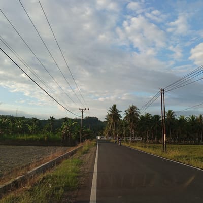 This image depicts a rural road in Uleejalan, Indonesia, under a partly cloudy sky. The sky features predominantly white and gray stratocumulus clouds, with visible patches of clear blue sky, particularly in the upper left quadrant.

In the immediate foreground on the left, a section of barren, tilled earth is visible, separated from the asphalt road by a concrete curb and a strip of both dry, golden grass and lush green grass. The road itself is a dark asphalt surface, with a continuous white line delineating its left edge. It recedes into the distance, appearing to curve gently towards the right.

Two individuals are present on the road in the mid-distance. One person is riding a bicycle on the right side of the road, while another person, slightly ahead, is operating a motorcycle, also on the right side.

Along the right side of the road, a dense row of tall palm trees, likely coconut palms, extends into the background. Behind these trees, several small, light-colored buildings with dark roofs are partially visible. On the left side of the road, a vibrant green landscape dominated by banana-like plants and other tropical foliage rises towards a distant, verdant hill. A tall, lattice-style electrical transmission tower is discernible on a prominent hill in the far left background.

Overhead, multiple dark electrical power lines stretch diagonally across the upper portion of the image, supported by two visible utility poles. One pole stands on the left side of the road, featuring crossarms, while another double-pole structure is situated further down the road on the right, also supporting numerous wires. The lighting suggests either early morning or late afternoon, with the sun casting long shadows from the right, indicating a low sun angle from the left.