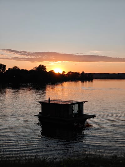 The image depicts a sunset or sunrise over a wide body of water in Nikolo-Beryozovka, Russia. The low sun, a brilliant orange-yellow orb, is partially obscured by a distant tree line on the horizon, casting warm, orange light across the sky and reflecting on the water's surface. The upper sky transitions from a pale blue-grey to warm orange hues near the horizon, with elongated, scattered clouds tinted in shades of orange and pink. Numerous small dark specks, likely birds or insects, are visible against the sky, particularly in the upper-left quadrant.
In the mid-ground, a dark, silhouetted floating structure resembling a small houseboat or raft with a cabin is positioned on the water. It features a gabled roof with a visible chimney on the left side of the cabin, and windows are discernible on the side facing the viewer, reflecting hints of the ambient light. A small deck extends from the structure. The water surface exhibits ripples, especially around the floating structure, reflecting the light and dark elements of the scene.
The far bank across the water is defined by a dense, silhouetted line of trees. To the right, beyond the tree line, faint, undulating landforms are visible in the distance. The immediate foreground at the bottom of the image shows a dark, indistinct strip of land with silhouetted grasses and vegetation. No individuals are clearly visible in the scene.