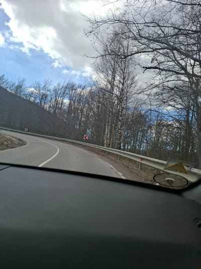 The image shows a view from inside a vehicle on a winding road near Gintsi, Bulgaria. The road has a white line marking the edge and a metal guardrail along the side. Trees, bare of leaves, line the road. Warning signs with red and white chevrons are visible along the curve. The sky is partially cloudy with patches of blue. Part of the vehicle's interior is visible in the foreground.