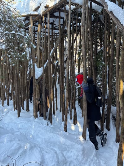 The image displays an outdoor winter scene within a distinctive wooden structure in Kol'tsovo, Russia. The structure consists of numerous vertical, slender, debarked logs forming open walls and supporting a log-framed roof that is heavily covered in snow. The ground throughout the area is blanketed in deep, white snow, with a clearly defined pathway visible, worn through the snow and winding between the wooden columns. Bright natural light illuminates the scene, indicative of a clear winter day. Three individuals are present, walking along the cleared snow path, moving generally from right to left. The person in the foreground, on the right, wears a dark winter coat, dark pants, black winter boots, and grey and blue striped gloves. A dark backpack is worn, with a white cylindrical object attached to its side. A red knitted hat, featuring white eye-like accents, is visible on their head. A second individual, partially obscured in the mid-ground, wears a long, dark-colored coat and a plaid scarf. The third person, further in the background and largely obscured by the wooden columns, is also dressed in dark attire. All individuals are actively traversing the snowy pathway within the wooden installation.