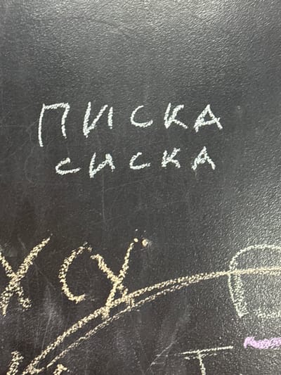 The image displays a dark, textured surface, likely a blackboard or a dark wall, defaced with chalk-like markings. Prominently centered are two lines of handwritten Cyrillic text in white. The top line reads "ПИСЬКА" (PIS'KA), and the bottom line reads "СИСЬКА" (SIS'KA), both crude Russian slang terms. Below these words, additional white chalk marks are visible, including a prominent 'X' or cross-hatch pattern on the left and various curved lines. A faint segment of purple chalk is present in the lower right portion of the image. No individuals are depicted. The scene suggests a public or institutional environment in the City of Binghamton, United States, such as a classroom or common area, where the surface has been used for informal writing or graffiti.