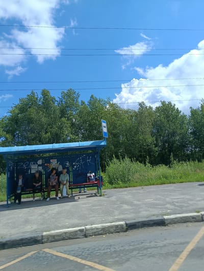 This image depicts a bus stop shelter in Тополиный, Russia. The shelter is blue and has graffiti on its back wall. Four women are seated on a bench inside the shelter. The woman on the far left is wearing a dark jacket and white pants, with a blue bag on her lap. The second woman from the left is wearing a dark top and black pants. The third woman is wearing a patterned top and brown pants. The woman on the far right is wearing a light green top and light-colored pants, with a white bag at her feet. A red bench is visible beneath the seated individuals. To the right of the shelter, a person in blue pants and a white shirt is standing. The bus stop sign, a blue rectangle with a white symbol, is mounted on a pole to the left of the shelter. The foreground shows a grey asphalt road with yellow markings, and a concrete curb. Behind the bus stop, a dense line of green trees forms the background, with a patch of greenery in front of the trees. The sky above is blue with scattered white clouds, and horizontal black lines, likely power lines, are visible against the sky.