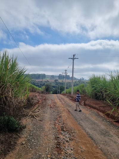 The image depicts a rural landscape in Laranjal Paulista, Brazil. A young boy, wearing a striped t-shirt and checkered shorts, walks along a dirt road. The road is lined with lush green vegetation and reddish-brown soil. In the background, rolling hills covered in trees and fields stretch towards the horizon. Telephone poles with wires are visible, suggesting the presence of infrastructure in this remote area. The sky is a mix of blue and white clouds, indicating a partly cloudy day. The overall impression is one of a peaceful, natural setting, perhaps a moment captured during a leisurely stroll through the countryside. There is no visible text in the image.