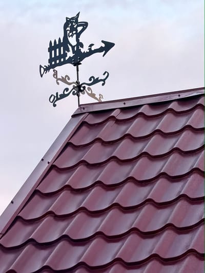 This is a close-up, outdoor, eye-level, slightly angled, vertical shot of a dark red metal roof with a weather vane on top. The weather vane is black and shaped like an owl perched on a fence, with an arrow pointing to the right. The sky is overcast and a light grey. The roof tiles are curved and corrugated, with visible screws holding them in place. The image focuses on the roof and weather vane, with the sky in the background. There are no people visible in the image. The setting is likely a residential building in Радужскі сельскі Савет, Belarus, given the context provided.