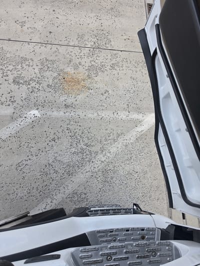 The image shows the side of a white vehicle, likely a van or truck, with its door open. The open door reveals a black rubber seal. The vehicle is parked on a textured concrete surface, which appears to be outdoors. The concrete has dark speckles and a reddish-brown stain. Faint white lines, possibly painted markings or reflections, are visible on the concrete. To the right of the vehicle, a metallic step or running board with a patterned surface is visible. The scene appears to be taken during the daytime, with natural light casting shadows. There are no people visible in the image. The location is identified as Flörsheim, Germany.