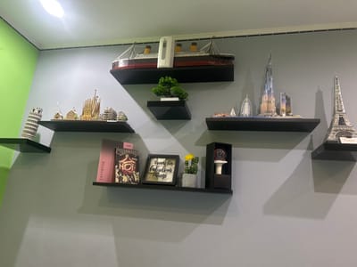 This is a medium shot, eye-level, indoor photograph of a wall with multiple shelves displaying various decorative items. The wall is painted a light gray, and a bright green wall is visible on the far left. The shelves are black and appear to be mounted directly onto the wall.
On the top shelf, a large model of the Titanic is prominently displayed, with a white air freshener unit placed behind its smokestacks. To the right of the Titanic, a small artificial bonsai tree sits on a smaller, lower black shelf.
The middle shelf is populated with several miniature architectural models. From left to right, these include a model of the Leaning Tower of Pisa, a complex model resembling the Sagrada Familia, and a cluster of modern skyscrapers, including what appears to be the Burj Khalifa. Further to the right on this shelf are models of the Burj Al Arab and another modern building, and a silver model of the Eiffel Tower.
The bottom shelf holds a variety of smaller items. On the left are two books, one with a pink cover and the title "DEADLINE" in white text, and another with a black cover and a graphic design. To the right of the books is a framed picture containing what appears to be money and glitter, with the text "Funds for fabulous things." Next to the frame is a small potted cactus with two yellow flowers. On the far right of this shelf is a black box containing a white object topped with a spherical, reflective surface, possibly a light or decorative sphere.
The lighting in the room appears to be from an overhead source, casting shadows on the wall, particularly from the architectural models on the middle shelf. The overall impression is that of a collection of hobbyist models and decorative items displayed in a home or office setting. There are no people or animals visible in the image. The image does not contain any specific visual cues that would allow for the identification of the location as Boboshevo, Bulgaria.